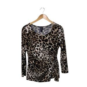 Clara Sun Woo Animal Print Blouse Top Womens Small Brown Gathered Stretch Artsy